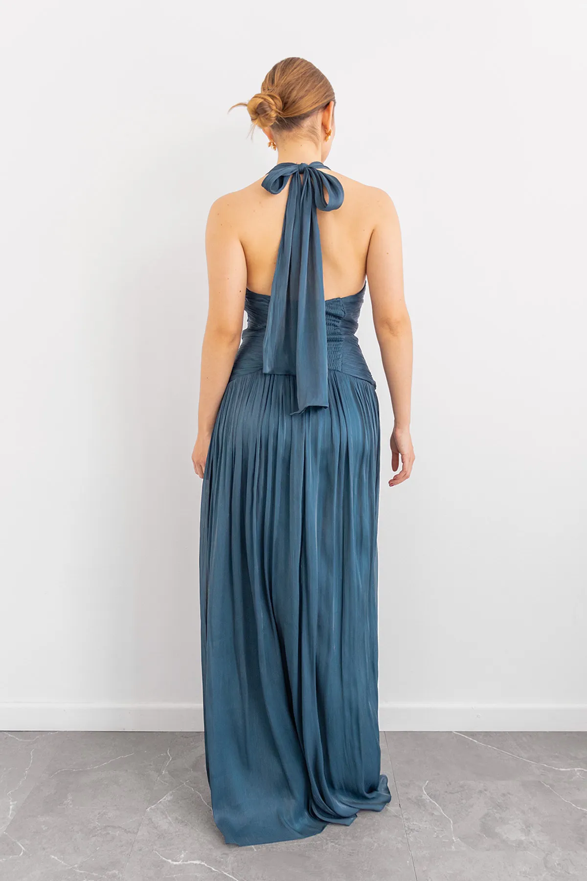 Vestido Drapeado Escote V Halter Teal imagen 2