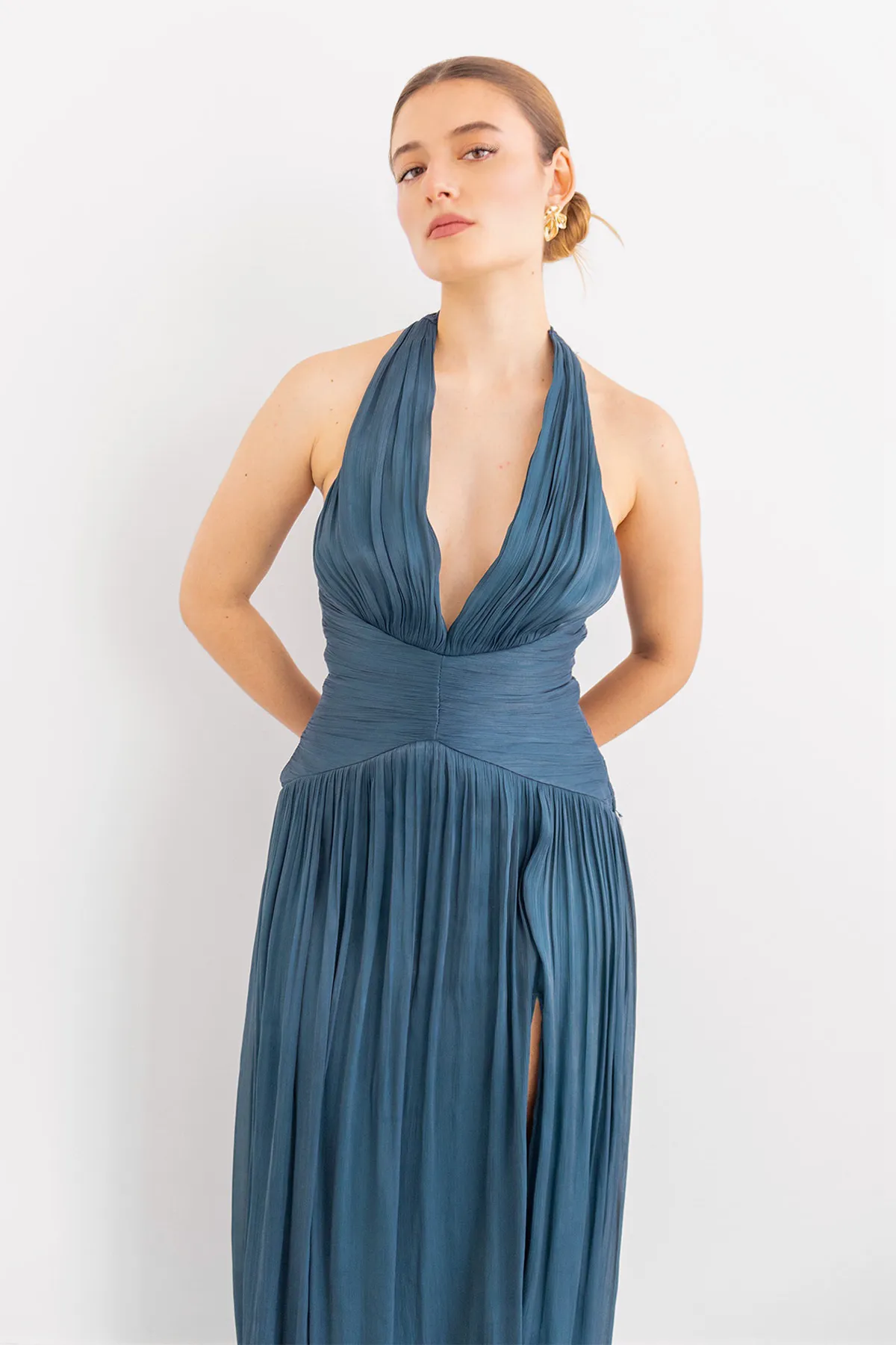 Vestido Drapeado Escote V Halter Teal imagen 3