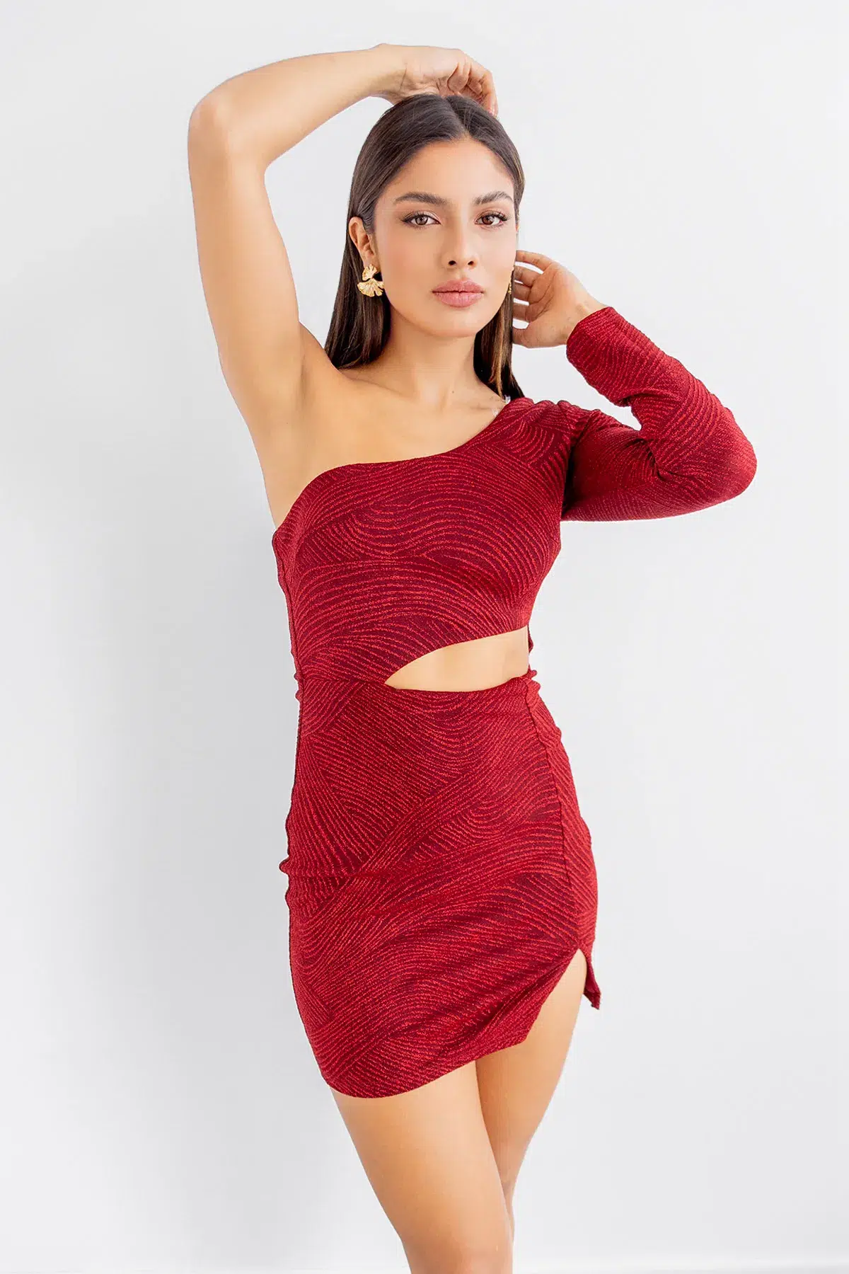 Vestido una Manga Brillo Vinotinto imagen 2