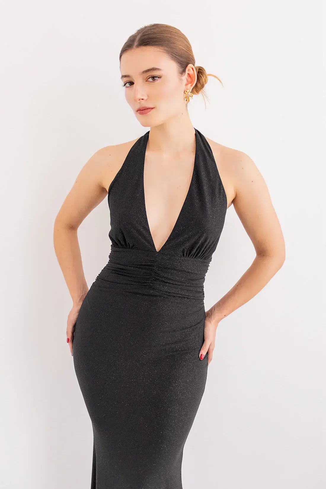 Vestido Brillo Escote en V y Espalda con Cortes Negro imagen 3