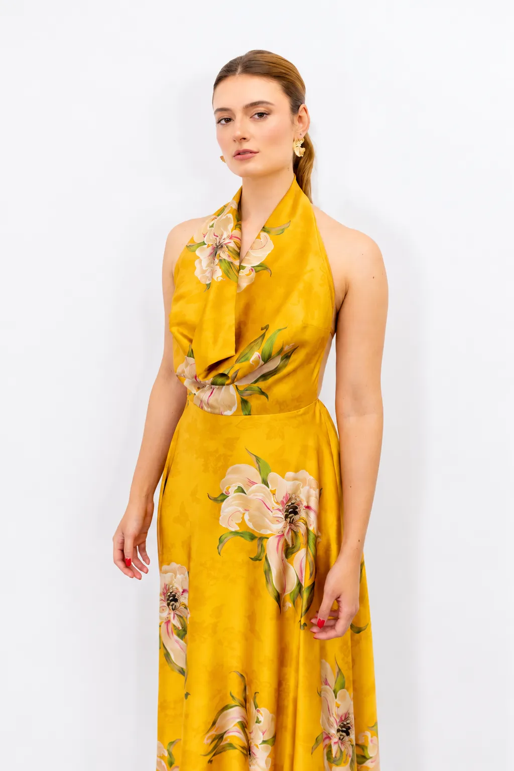 Vestido Escote Drapeado Amarillo con Flores imagen 3