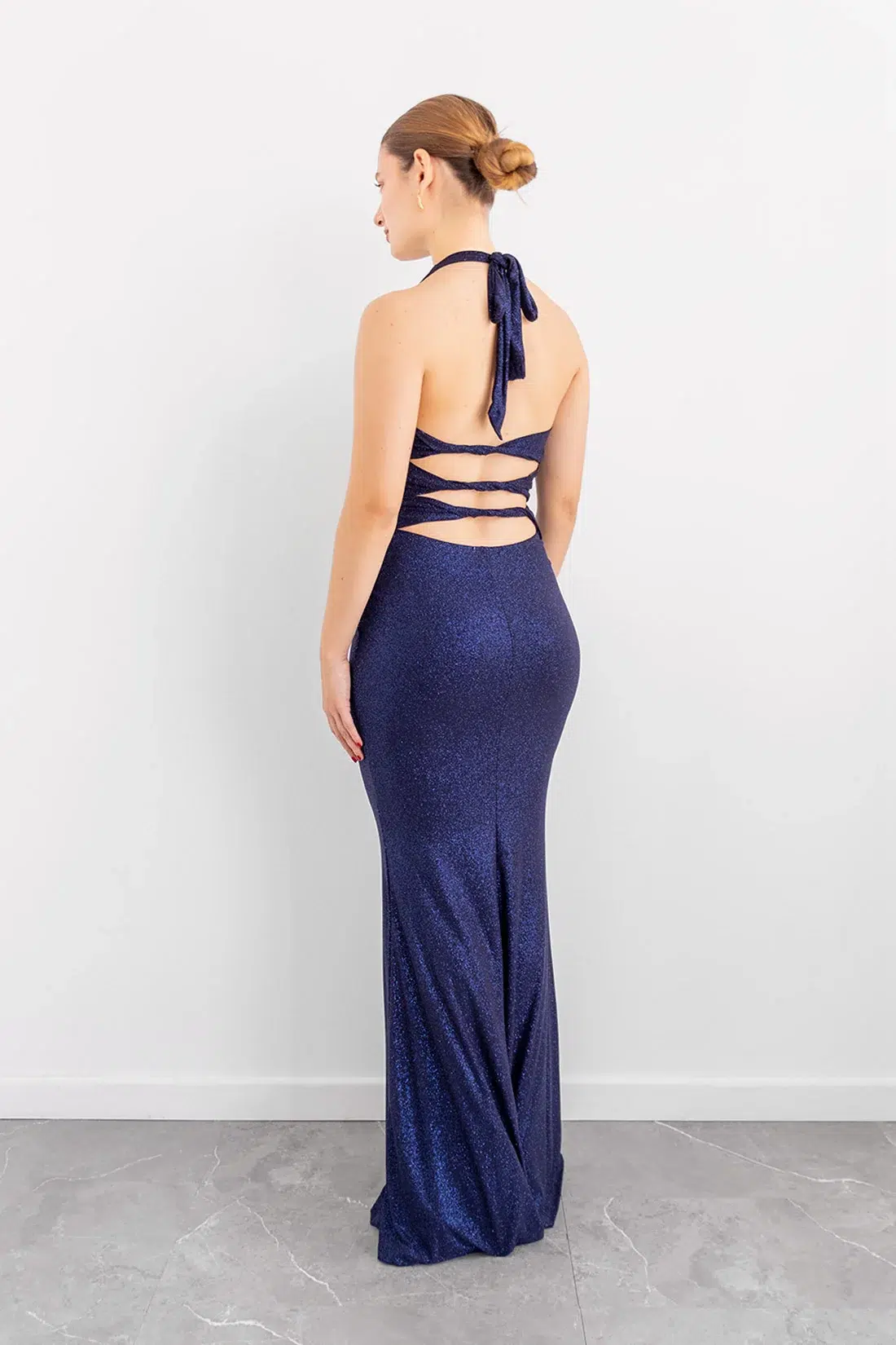 Vestido Brillo Escote en V y Espalda con Cortes Azul imagen 2