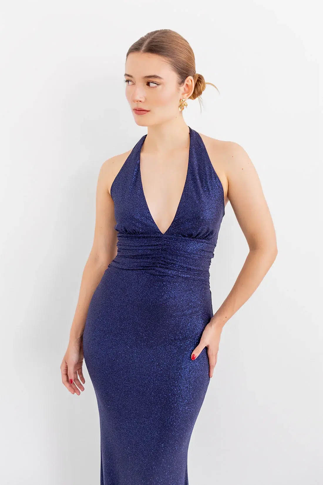 Vestido Brillo Escote en V y Espalda con Cortes Azul imagen 3