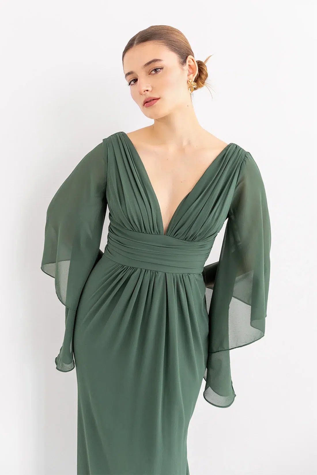Vestido Escote en V Mangas en Velo Olivo imagen 3