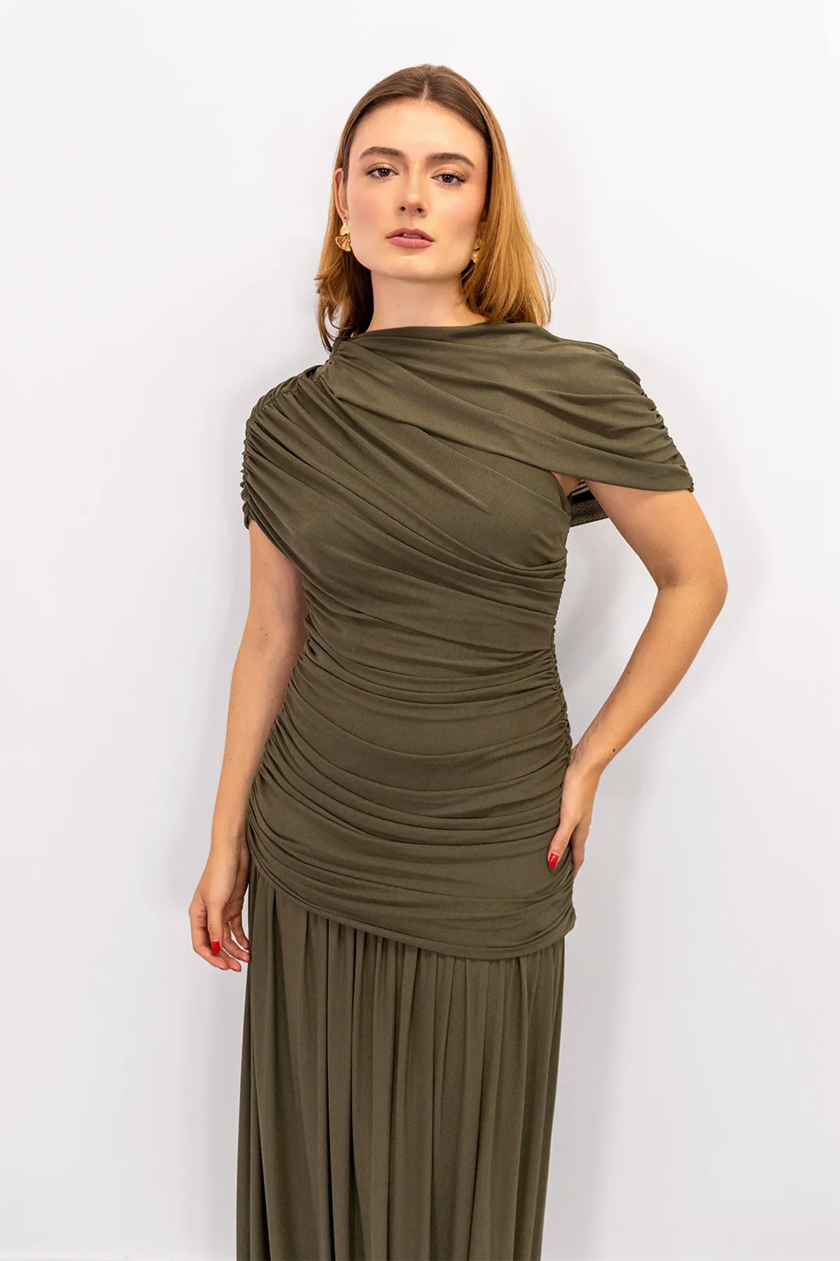 Vestido Ajuste Drapeado Olivo imagen 3