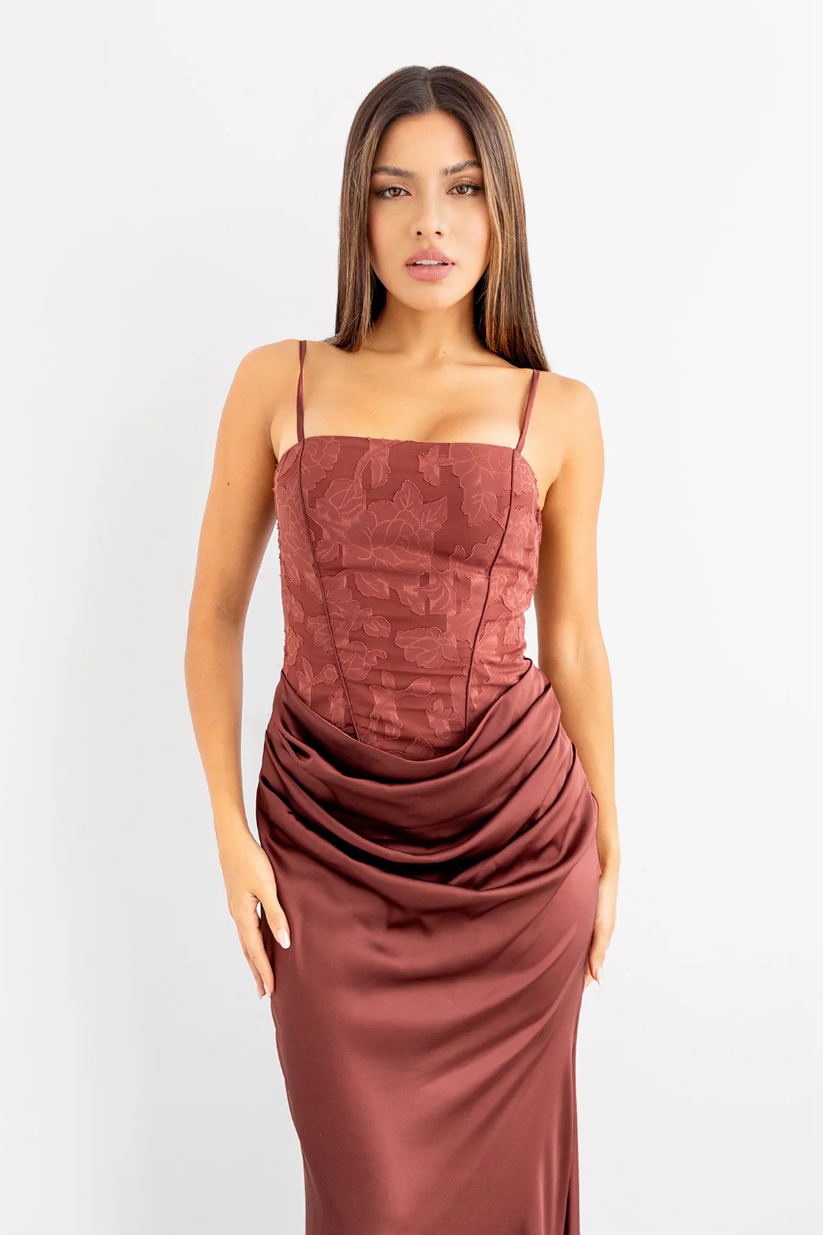 Vestido Falda en Satin Top Textura Cobre imagen 4