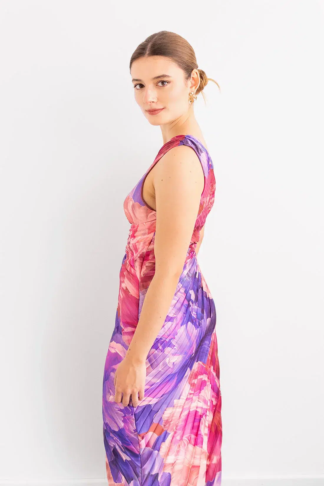 Vestido Plisado Recogido Lateral Print Morado imagen 4